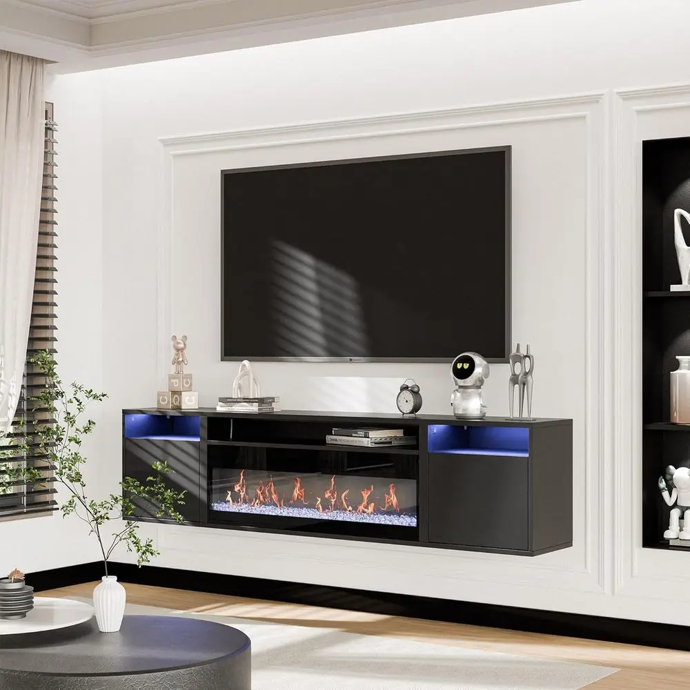 

Настенная плавающая тумба под телевизор 70 дюймов с электрическим камином 36 дюймов, развлекательный центр 960 RGB, место для хранения телевизоров до 80 дюймов