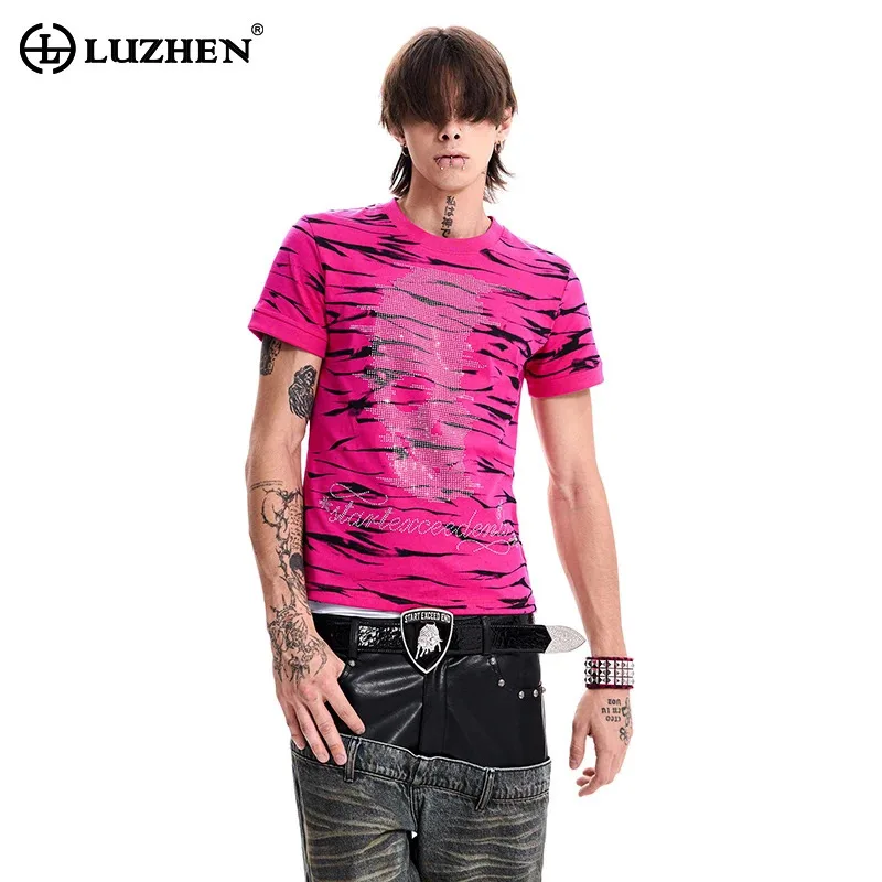 LUZHEN 2026 Summer Stripe Printed Diamond Patchwork Pattern Short Sleeve T-shirts Men's Fashion Niche Design Casual Tops JY8170