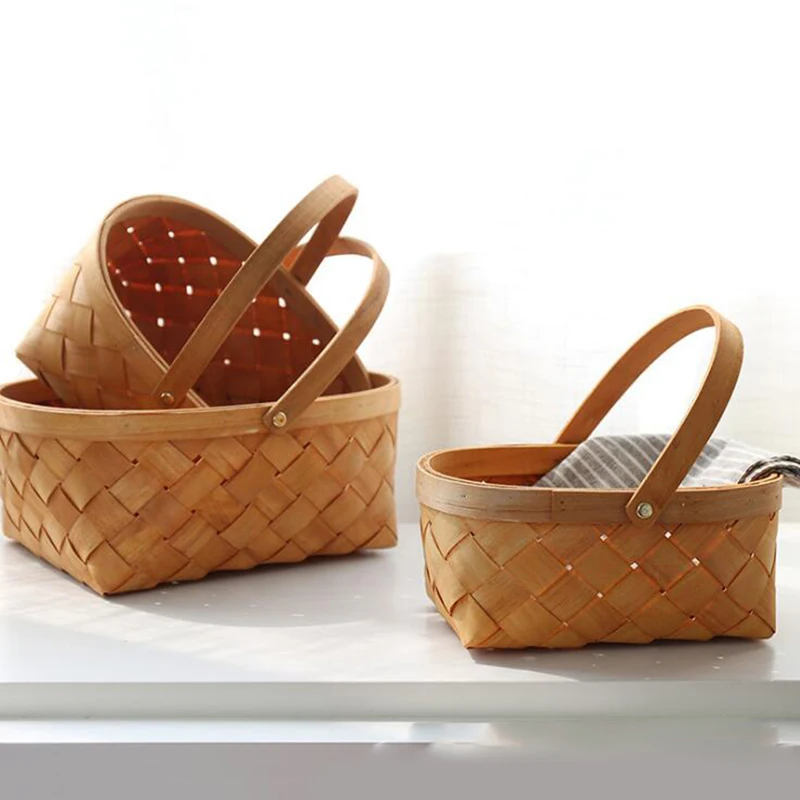 ตะกร้าเก็บของกล่องเก็บสินค้าพร้อมที่จับกล่องเก็บสินค้าตะกร้าไม้หวายทำด้วยมือ