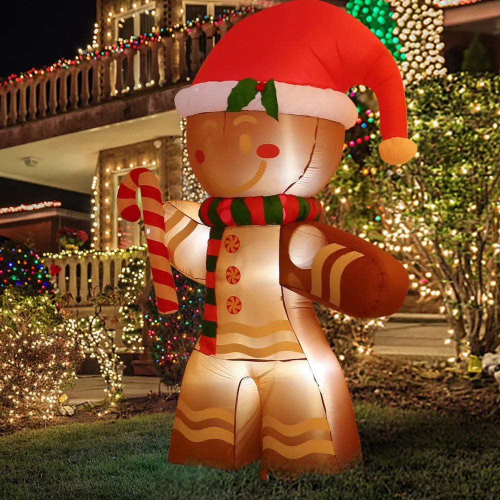 8FT Christmas Inflatables Gingerbread Man with Built-in LED Ornament for Xmas Party Indoor Outdoor Courtyard Props Decoration