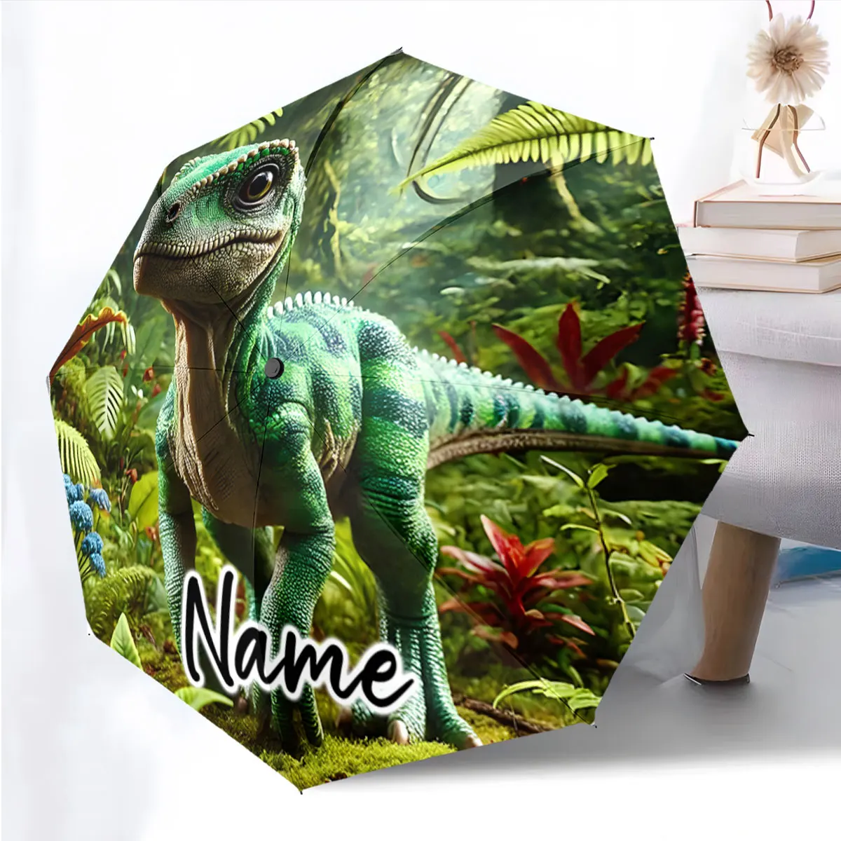 Custom Name Umbrella Dinosaur Umbrella: A Roaring Rain Companion Print 8 Iron Ribs Folding Umbrella Auto-Open Fashion Sunshade