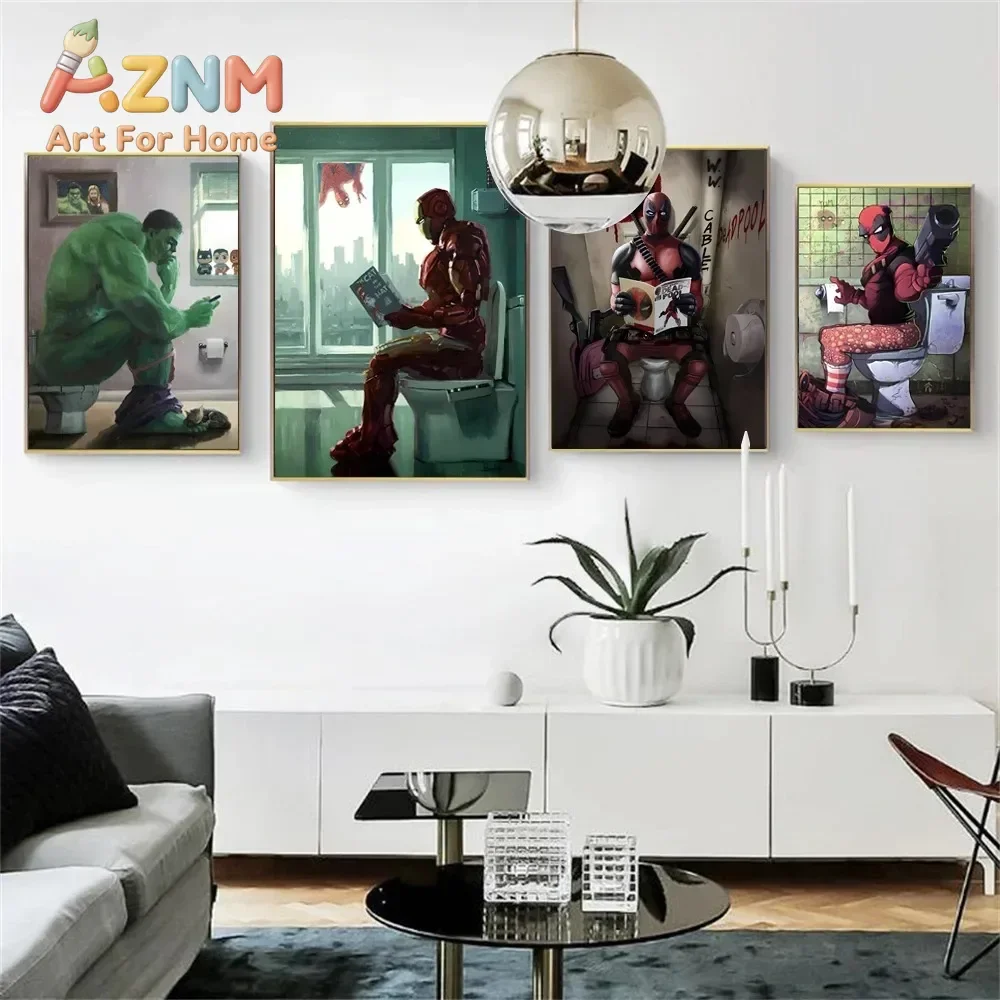 AZNM Funny Superhero Bathroom Canvas Wall Art Frameless Poster Hulk Iron Man Deadpool On Toilet Humor Comic Print Restroom Decor