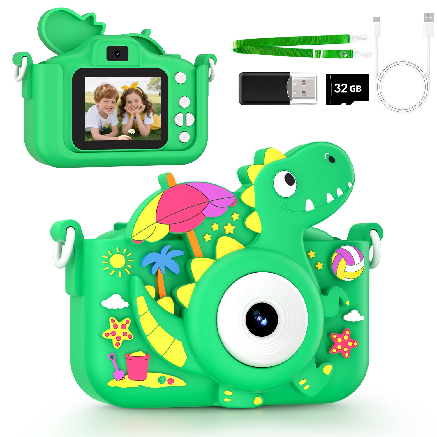 子供用恐竜ミニカメラおもちゃ 1080P HD ブロギング写真カメラ 32GBカード付き クリスマス誕生日プレゼント