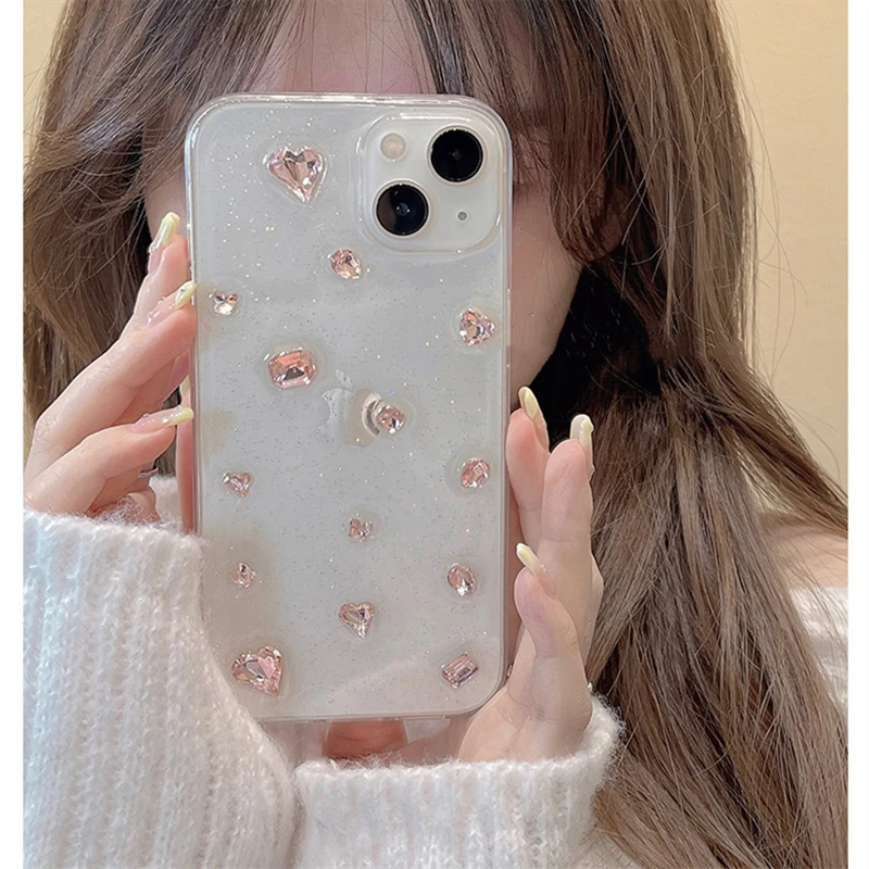 Korea Glitter Pink Diamond Heart Epoxy Phone Case For iPhone 14 13 12 11 Pro Max X XS XR 7 8 SE 3 Clear Silicone Cover Funda