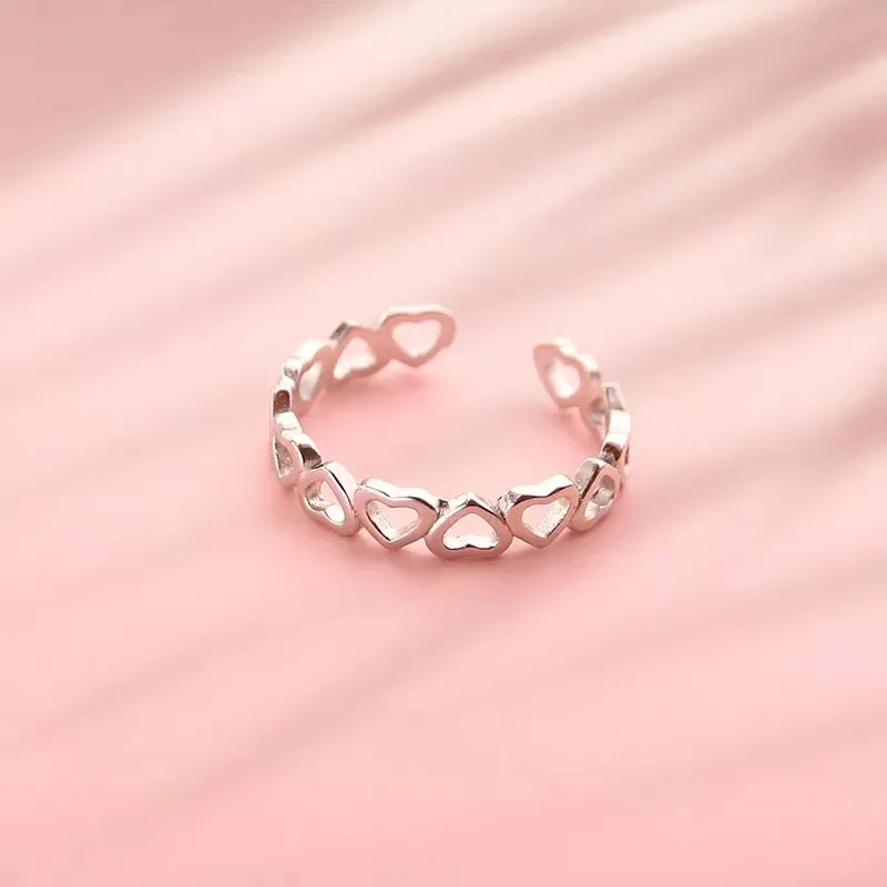 

New Popular 925 Sterling Silver Jewelry Fine Small Fresh Fashion Simple Heart-shaped Love Hollow Opening Rings R033