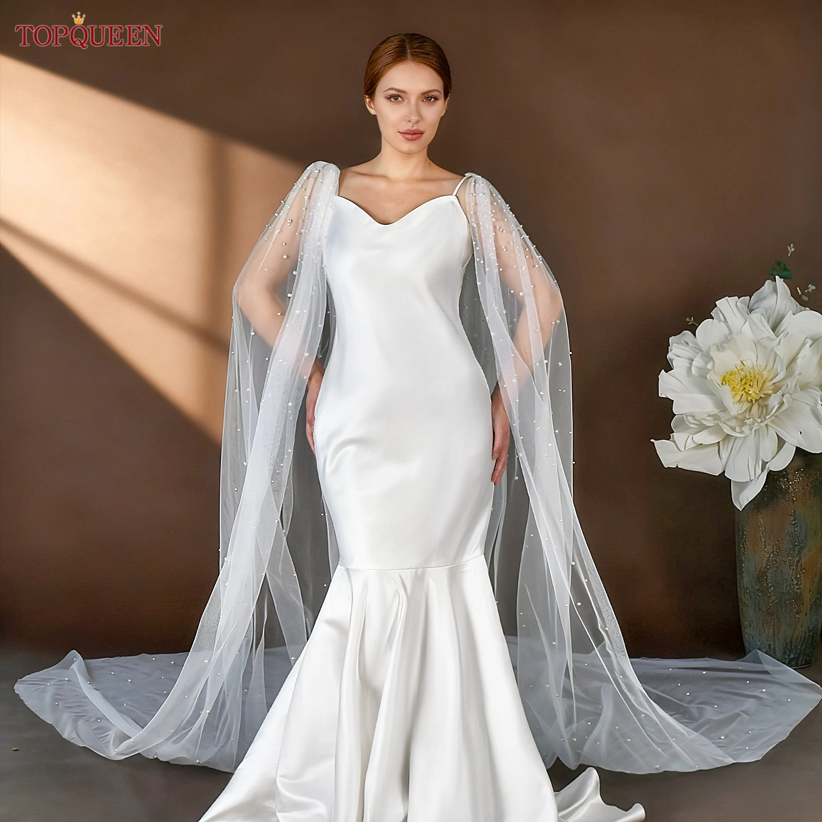 TOPQUEEN Bolero Mujer Para Vestino Bridal Pearl Shawl Capa Novia Detachable Party Dress Accessories Customizable Mg72