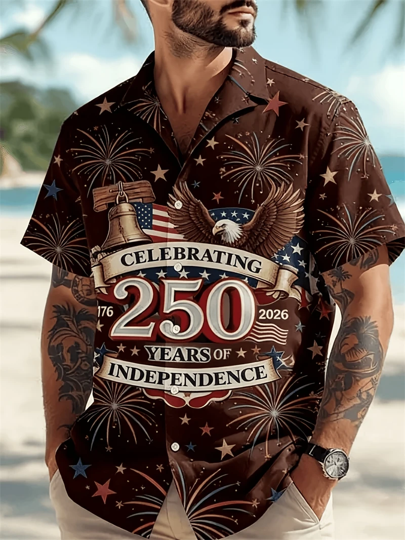 

250th Independence Day Hawaiian Shirt men 1776 2026 Patriotic Eagle Button Up lapel Summer casualBeach Aloha Shirt Men Clothing