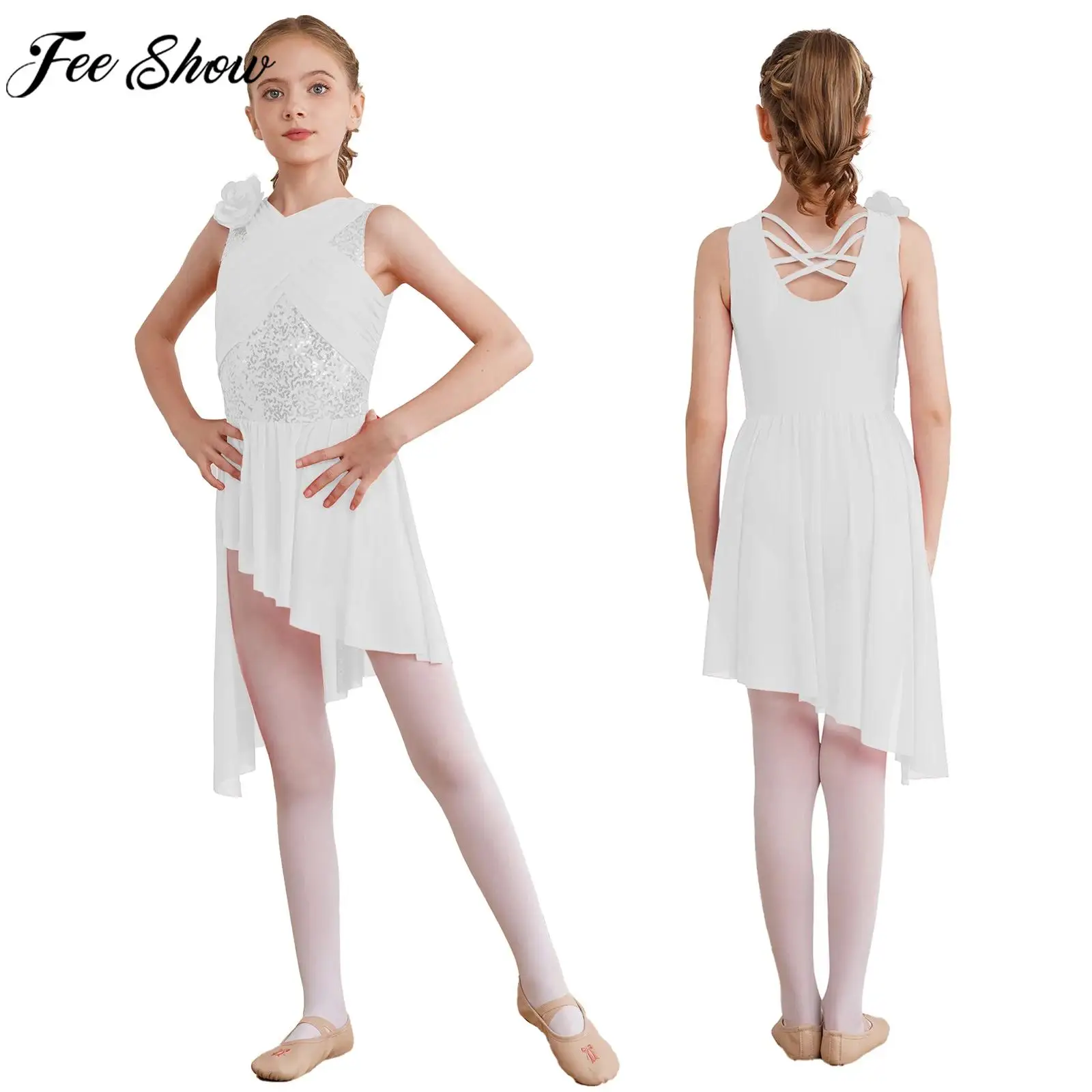 

Girls Modern Lyrical Dance Dress Ballet Gymnastics Figure Skating Ballroom Latin Cha-Cha Waltz Costume Shiny Sequin Leotard Tutu