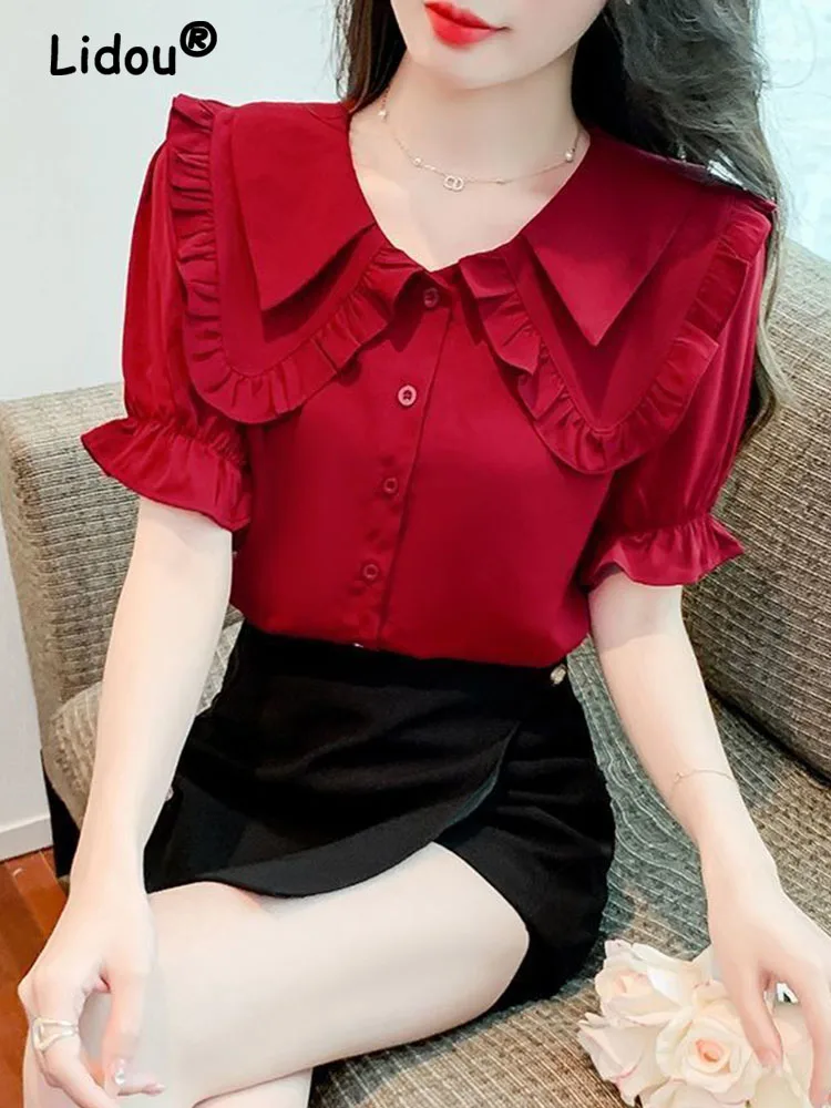 Elegant Fashion New Petal Sleeve Solid Color Single Breasted Blouses 2022 Summer Peter Pan Collar Chic Top office lady Shirt Hot