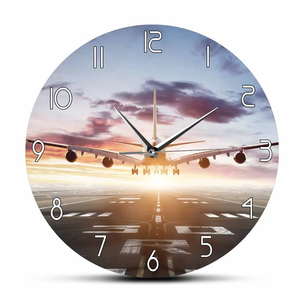 Sunset Airplane Takeoff Wall Clock Aircraft Runway Silent Scan Quartz Watch Living Room Office Decor Pilot Aviator Gift