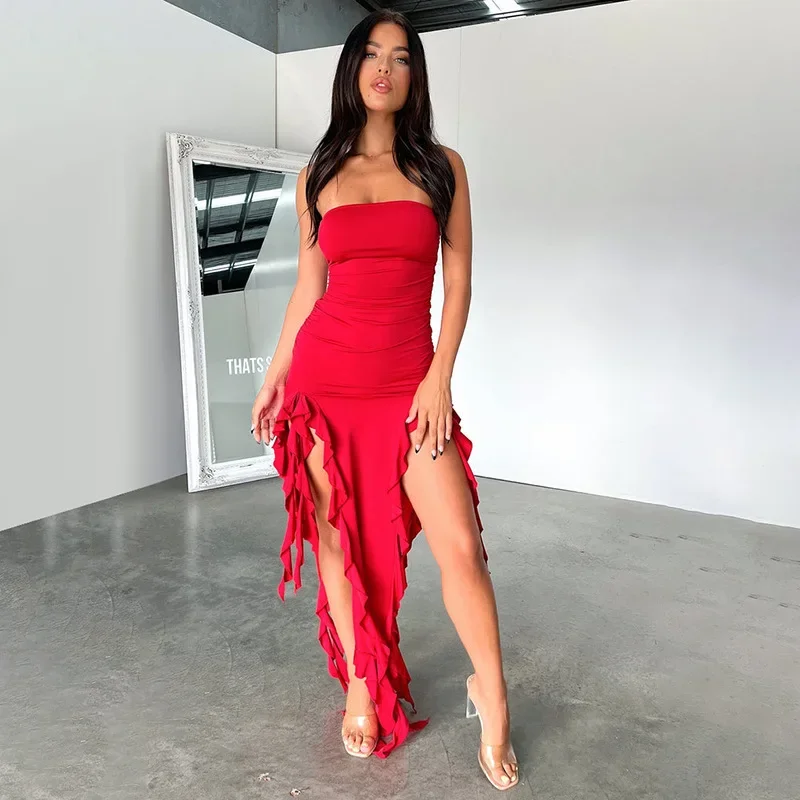 Sexy Shoulder Ruffles Maxi Dress Women Elegant Strapless Sleeveless Slim 2023 Summer Fashion Evening Party Dresses