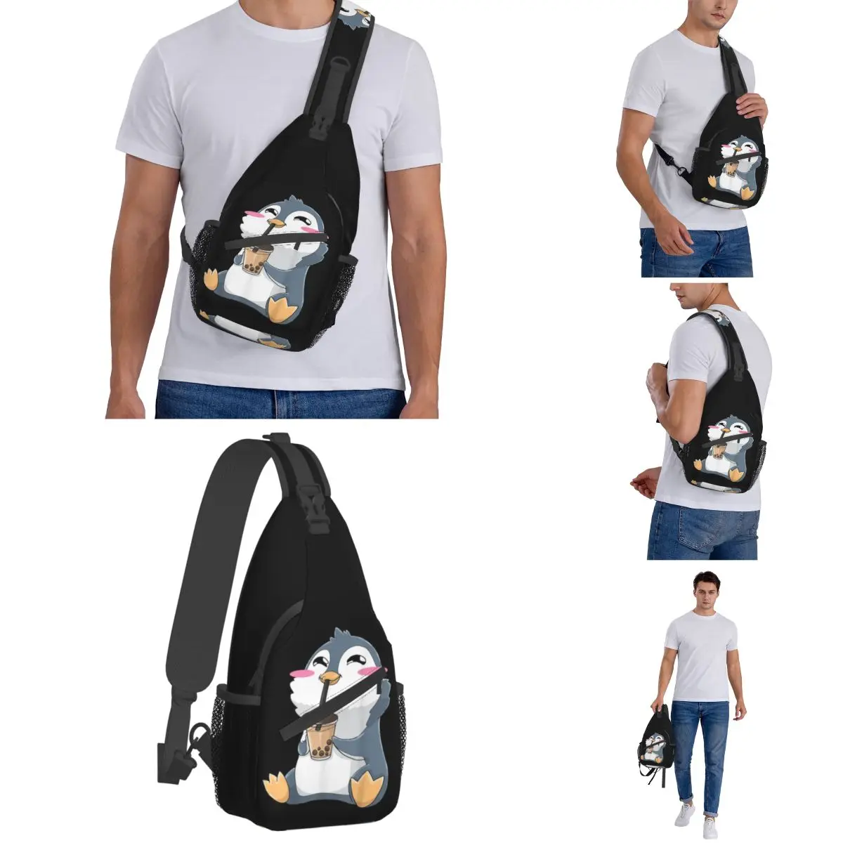 Pinguin Boba Bubble Tea Milch Cross body Schulter tasche kleine Brusttasche Anime Schulter Rucksack Daypack zum Wandern Outdoor-Fahrrad tasche