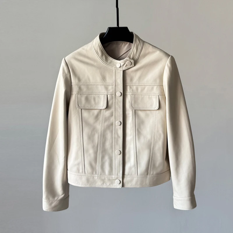 6 farben Echt Leder Kurze Jacken 2025, Herbst Casual Stehkragen Frauen Volle Hülse Schaffell Moto & Biker Jacken Mäntel femme