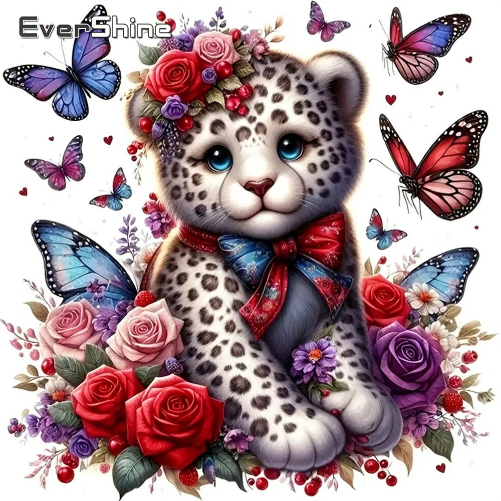 Evershine Diamant-Mosaik Tier Leopard Vollbesatz Quadratisches Gemälde Rose Strass-Bild Stickerei Schmetterling Handgemachtes Hobby