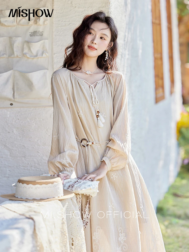 

MISHOW Retro Embroidered Dress for Women Spring 2025 Round Neck Tassel Tied Loose Long Dresses with Bohemian Belt MXE14L2134