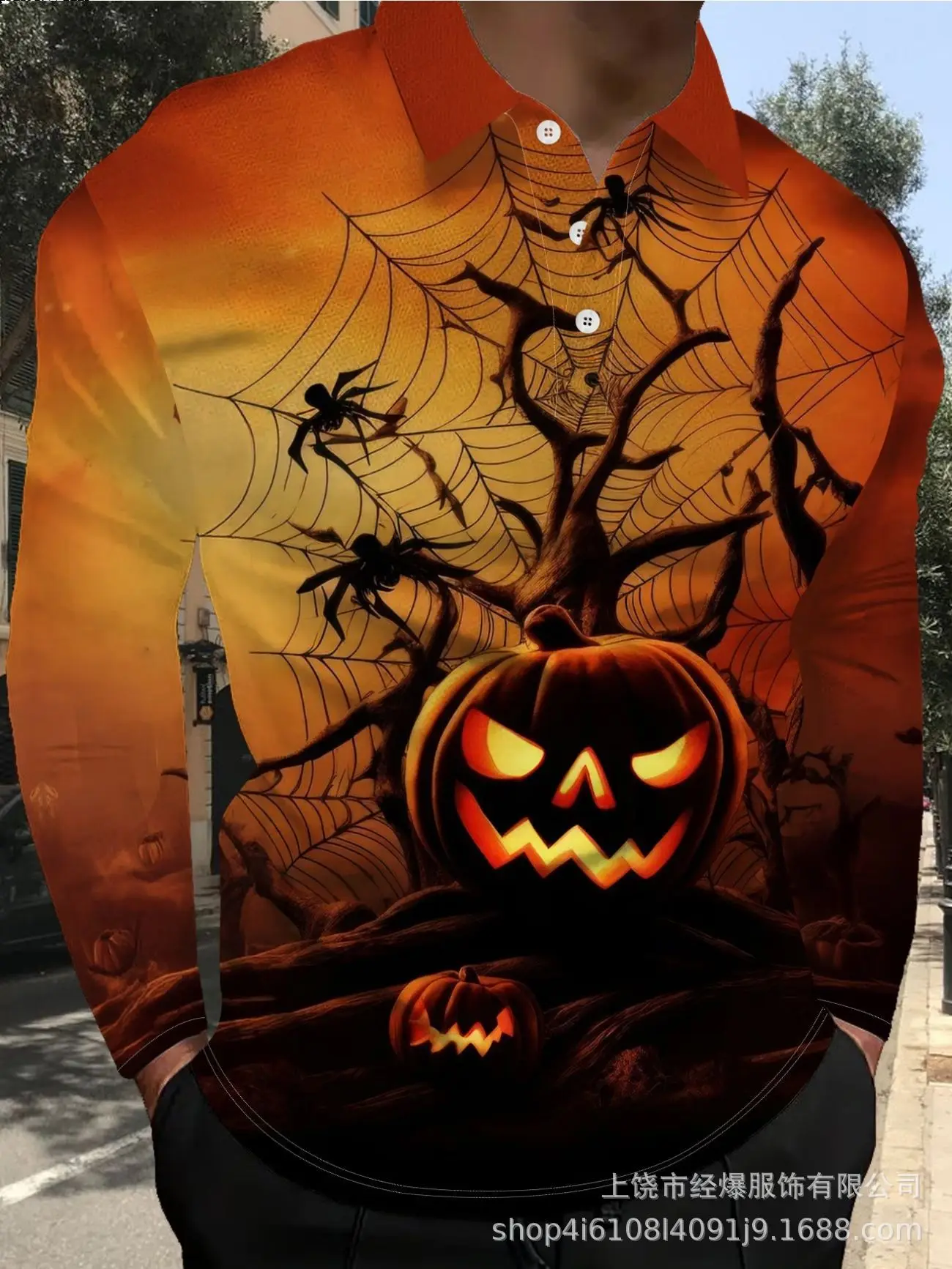 Men Long Sleeve T‑Shirt Halloween Skeleton Pumpkin Print Gothic Streetwear Casual Party Top