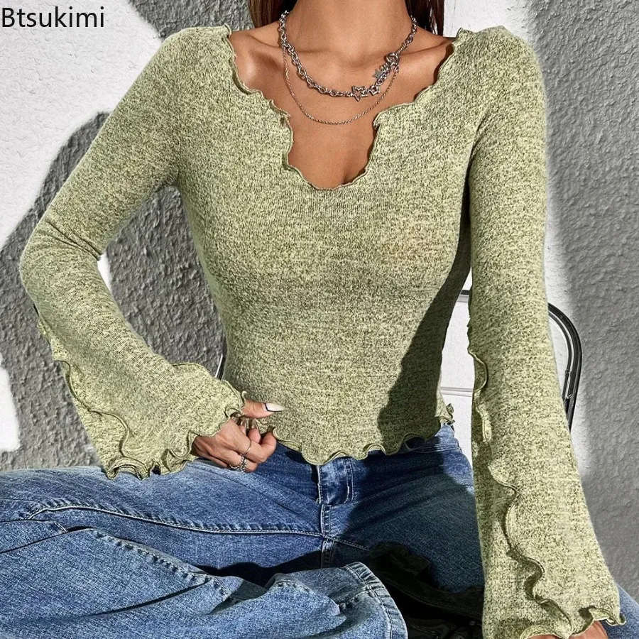 Women's Sexy Long Sleeve T-shirt Spring Summer Trendy Elegant Style Top Grinding Edge Design Solid Color Lady's Club Party Tops