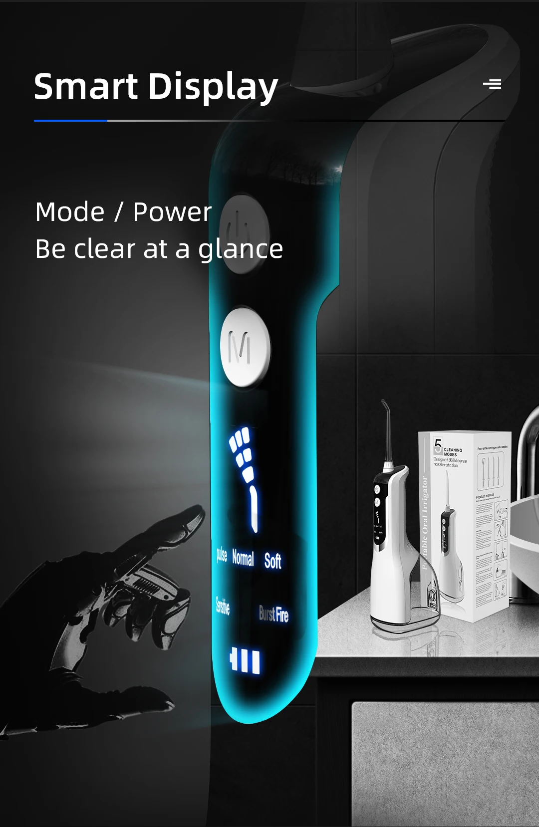 Oral Irrigator 40-140PSI Tooth Scaler Water Flosser Rechargeable Dental Water Jet 5 Speed 330ML IPX7 Waterproof Teeth Cleaner