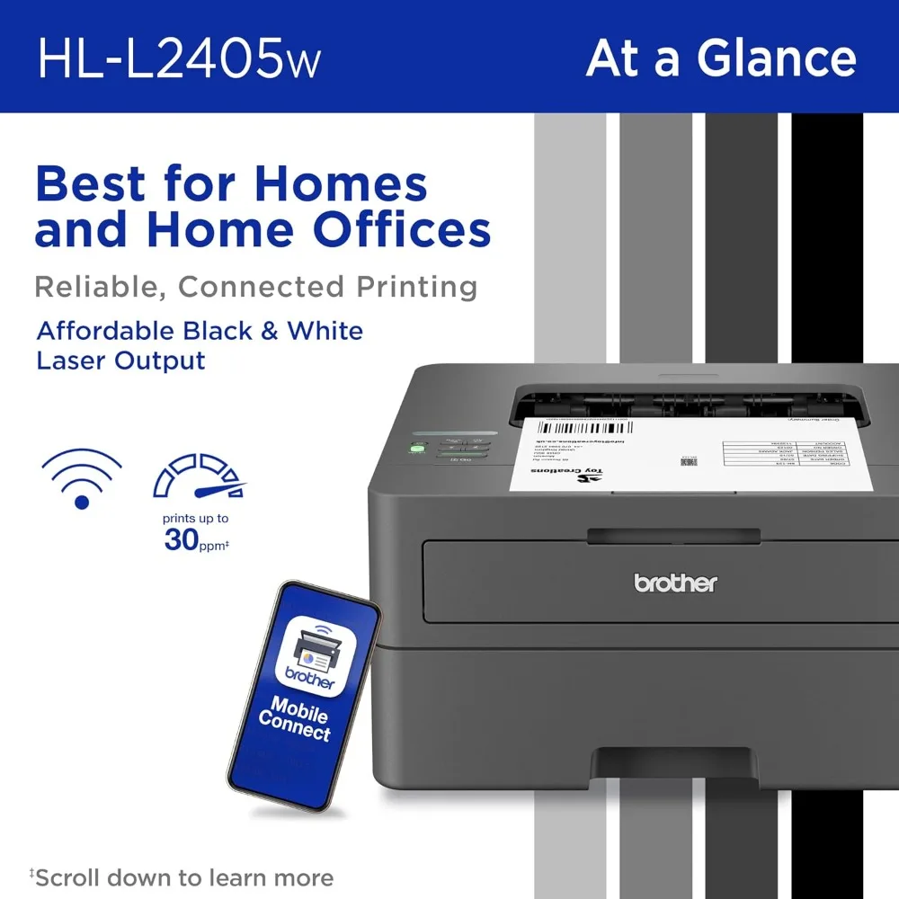 HL-L2405W Wireless Compact Monochrome Laser Printer with Mobile Printing, Black & White Output Includes Refresh Subscription