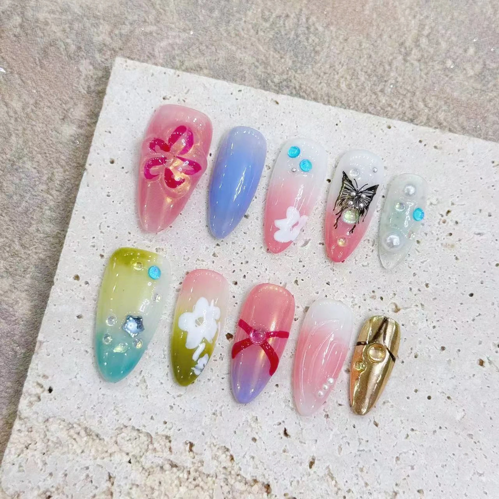 Uñas postizas hechas a mano, uñas postizas con degradado de Mariposa Negra, Y2k, cubierta completa de almendra larga, decoración de diamantes de imitación, 10 piezas