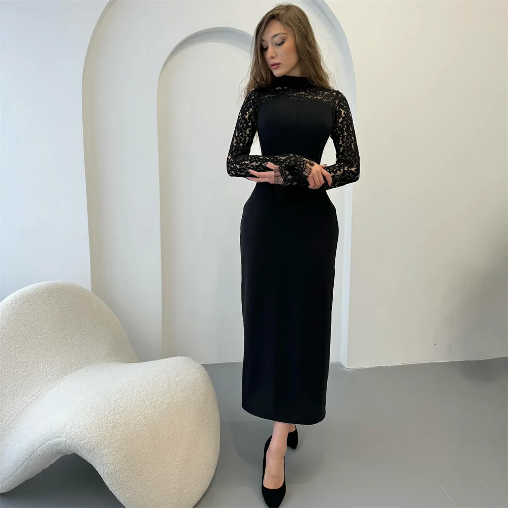 

Tarot Dubai Long Sleeves Lace High Collar Prom Dresses Sheath Appliques Bodycon Pageant Gowns Ankle Length Formal Evening Dress