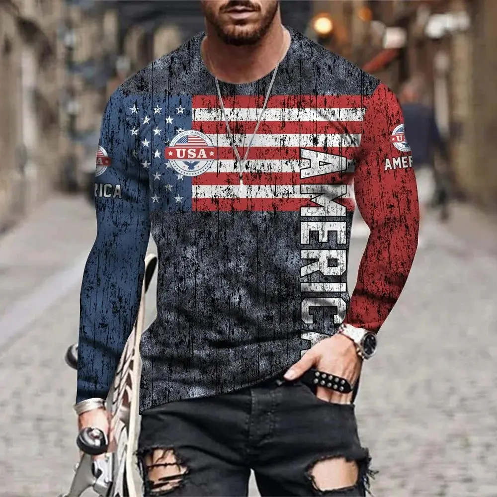 Men Spring Autumn American Flag Eagle Print T-Shirt Fashion Personality Interesting Large Size Round Neck Long Sleeve Loose Top