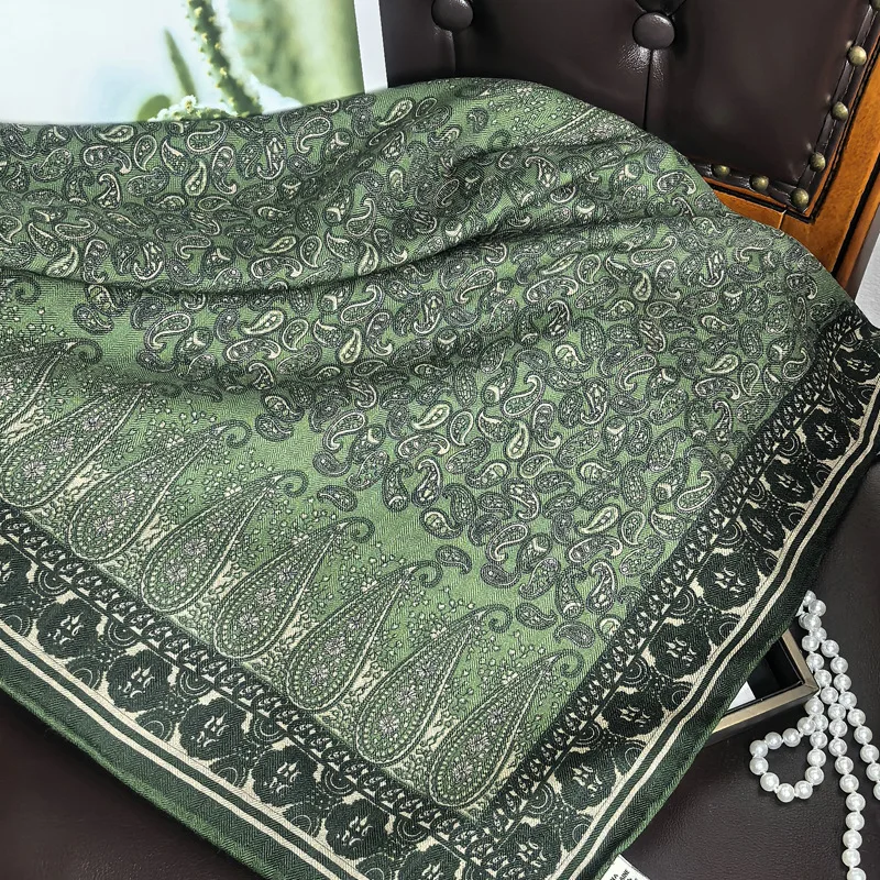 70% Wool 30% Silk Bandana Scarf for Women 2026 Spring Silk Wool Green Paisley Print Neck Scarves Double-Sided Neckerchief