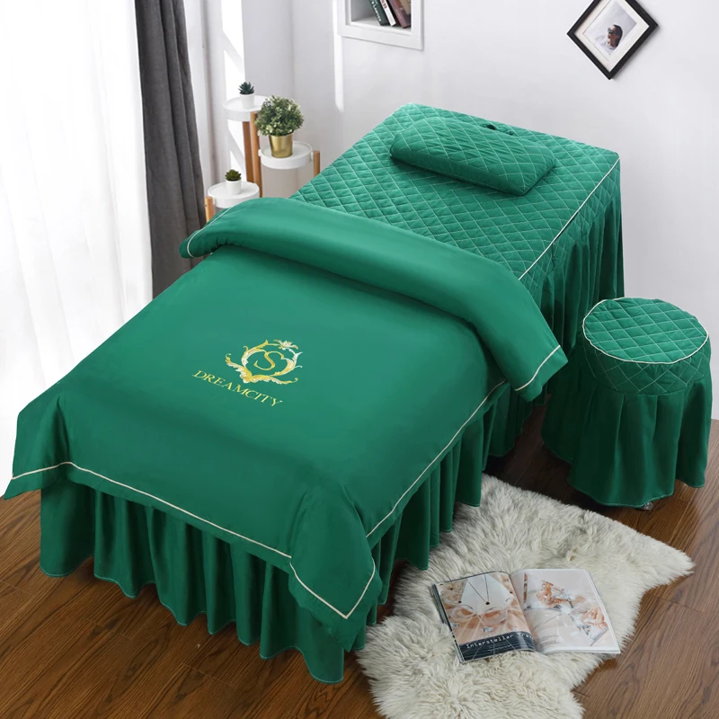 Luxury Embroidery Beauty Salon 4pcs Bedding Sets Massage Spa Relax Bed Sheets Bedskirt Stoolcover Pillowcase Duvet Cover Set