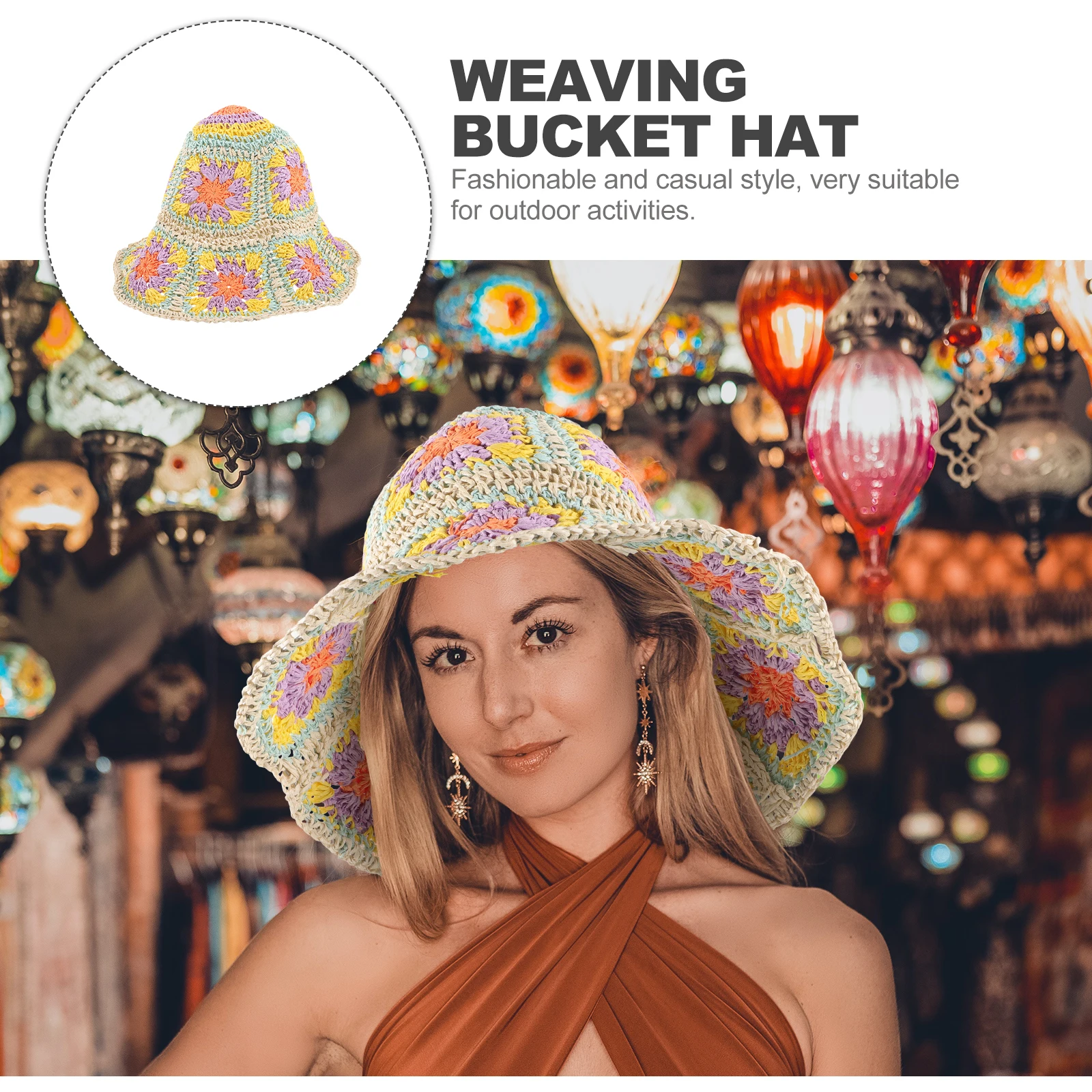 

H made Crochet Straw Bucket Hat Woven Beach Party Large Brim Summer Hats Lightweight Foldable Sun Protection Outdoor