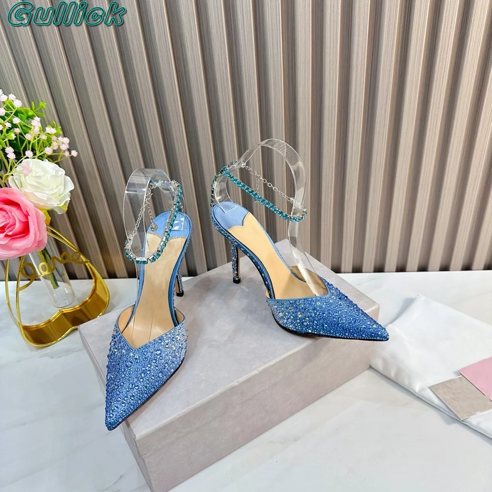 

Gullick Solid Rhinestone Sandals Pointed Toe Stiletto High Heels Buckle Strap Mental Chain Women Dress Party Shoes Fairy Shoes