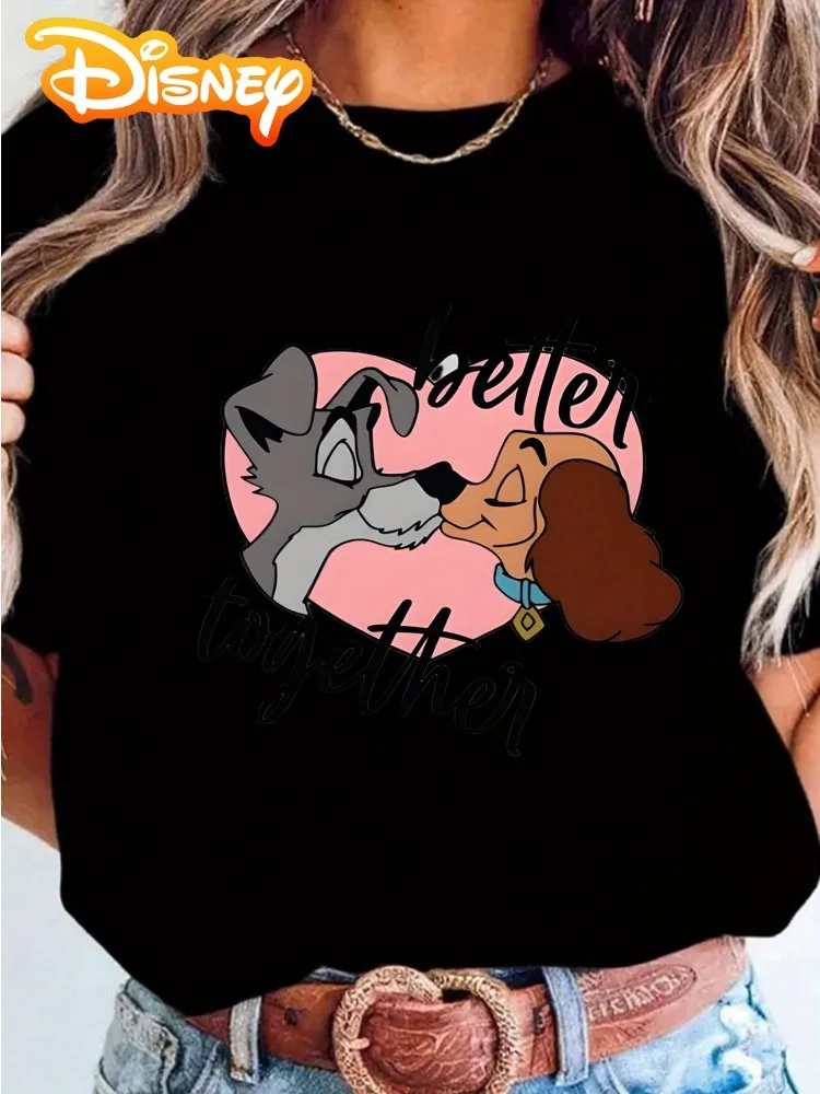 تي شيرت ديزني النسائي Better Together Wolf Love برقبة دائرية وأكمام قصيرة وطباعة الذئب والقلب كاجوال هدية مثالية للأزواج #2