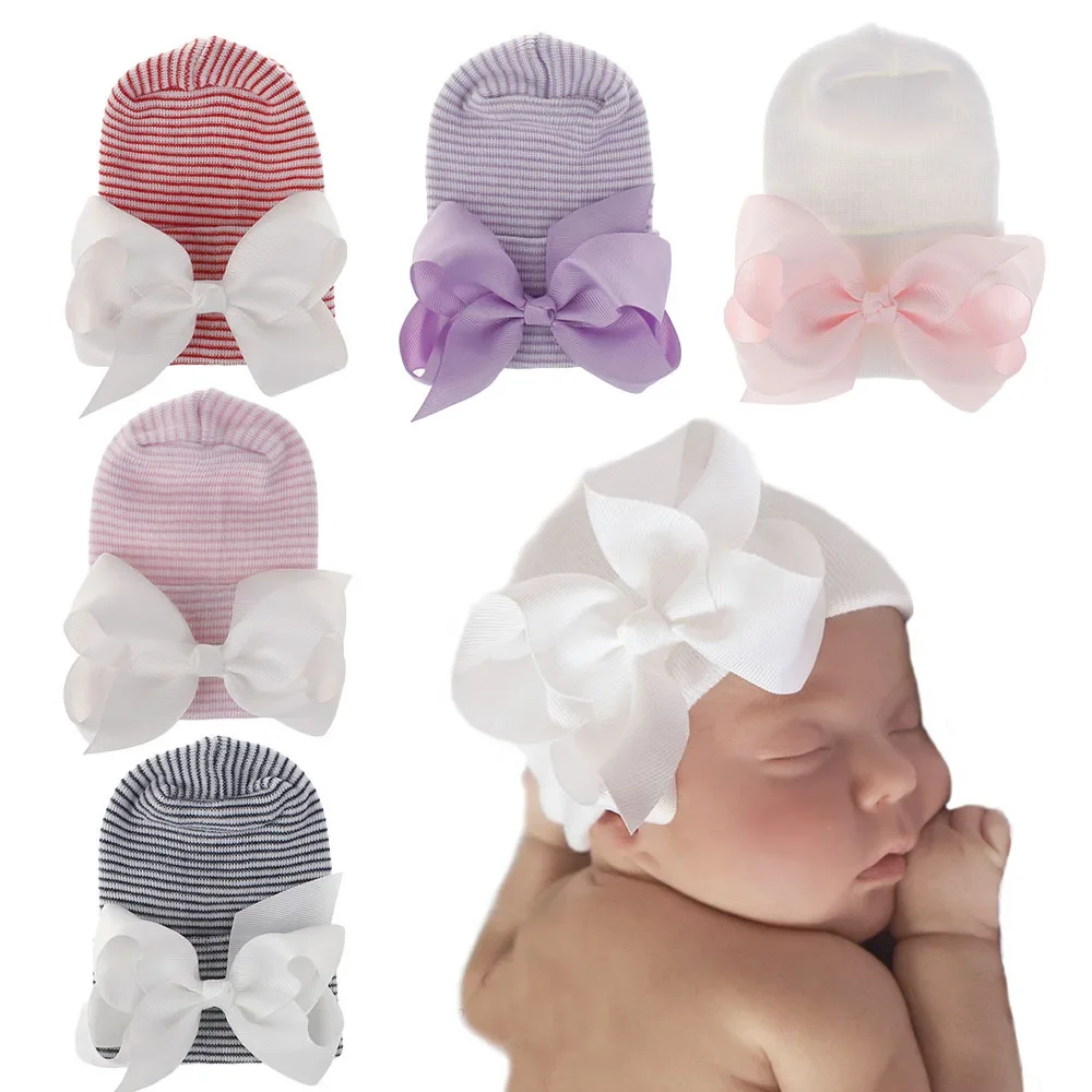 1PCS Newborn Baby Girls Bowknot Stripe Caps Infant Thick Double Hat Toddler Winter Warm Bonnet Kids Headwear Hair Accessories