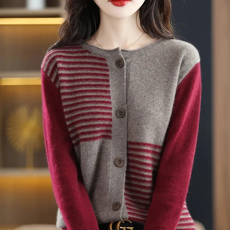 Fashion O-Necked Wool Cardigan For Women Spring Autumn New Color Blocking Long Sleeved Sweater Korean Loose Jacket Top Gray