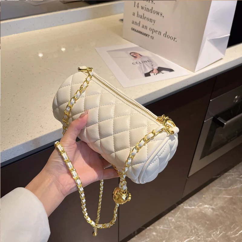

2025 New Fashion Ins Cylinder Bag Women Small Gold Ball Quilted Chain Shoulder Crossbody Pillow Bag