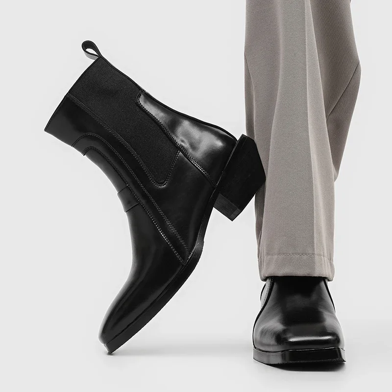 Botas Chelsea de estilo occidental para hombre, de color negro, con punta afilada, tacón cubano, elástico lateral, diseño retro, para llevar con vestidos y que cubren el tobillo.