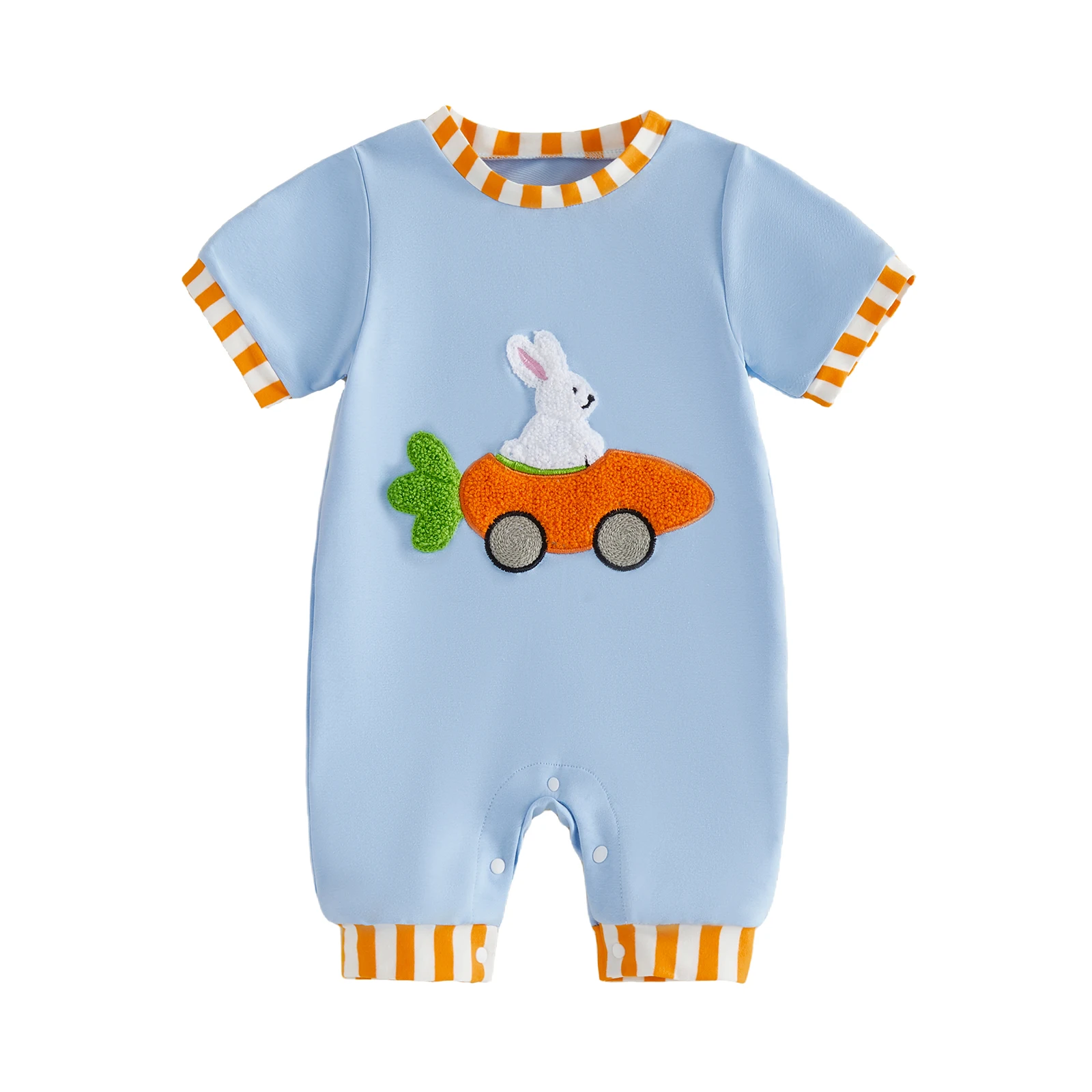 

Easter Bunny Baby Boy Romper Infant Short Sleeve Jumpsuit with Round Neck and Carrot Embroidery Detail