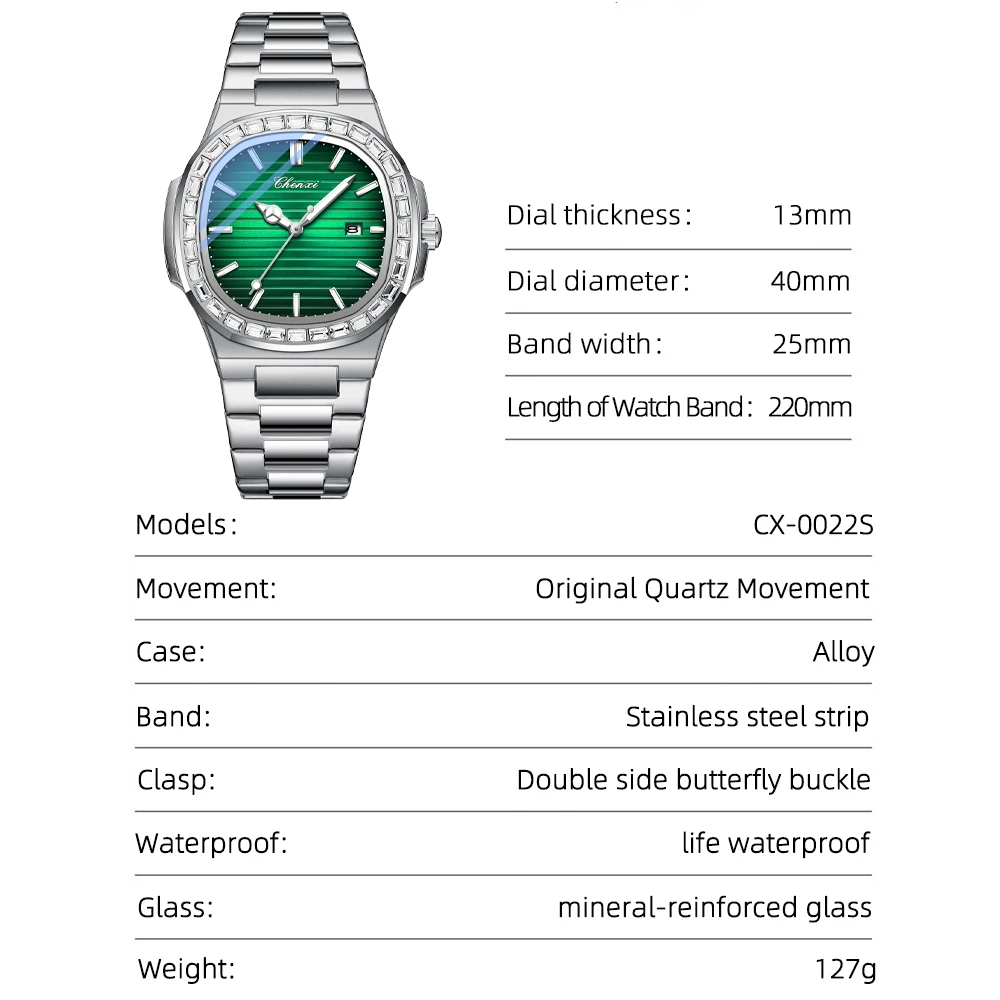 CHENXI ساعة رجل الأعمال الفاخرة مقاوم للماء ساعة مضيئة الذكور تاريخ الفولاذ المقاوم للصدأ الساعات مربع الرجال الكوارتز ساعات المعصم