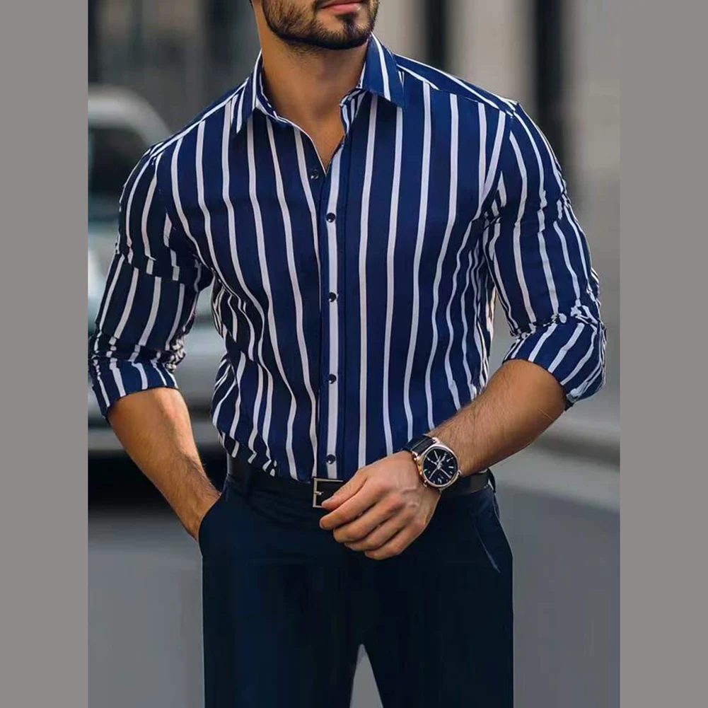 

Mens Retro Striped Shirt with Button Closure Lapel Neck and Stretch Long Sleeves Designed for Business and Casual Wear