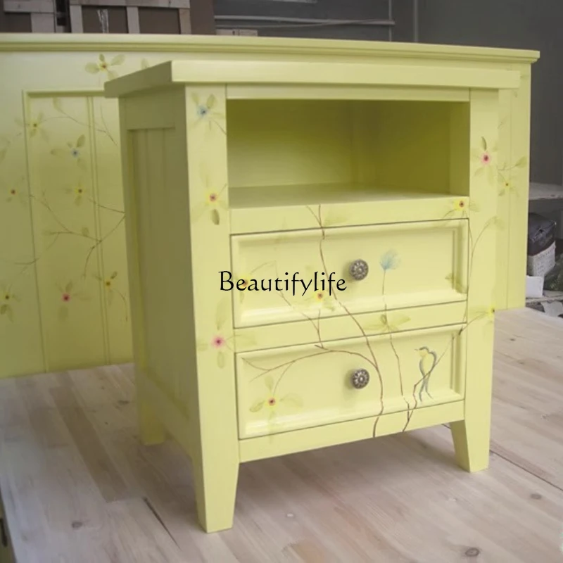 

British style hand-painted pastoral bedside table Mediterranean bedside storage locker