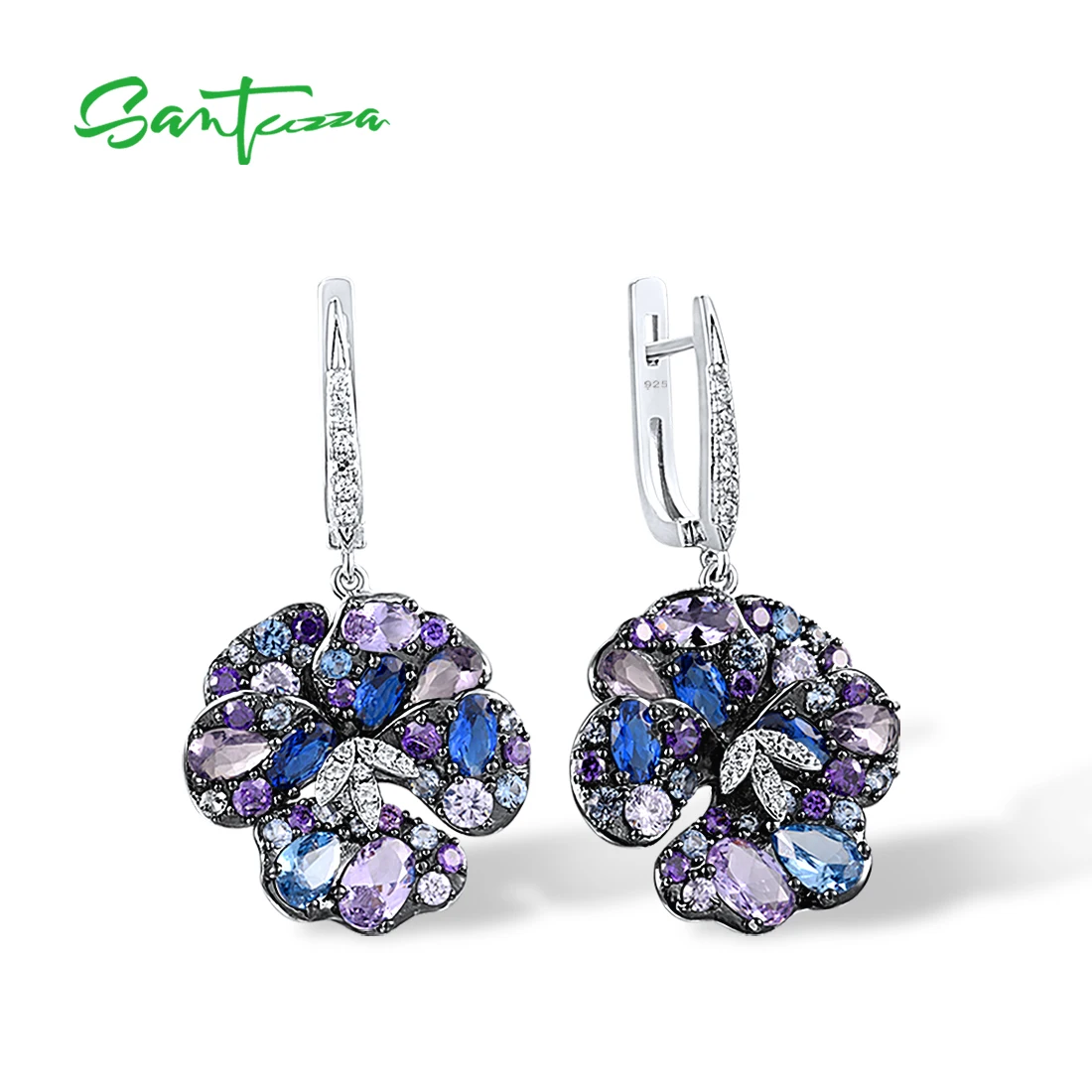 SANTUZZA Pure 925 Sterling Silver Earrings For Women Sparkling Multi Color Gems Blooming Flower Drop Delicate Party Fine Jewelry