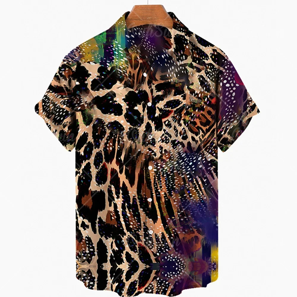 

Hawaiian Fashion Leopard 3D Printed Thin Lapel Flower Casual Oversized Imported Camisa Short Sleeve Men's Shirt