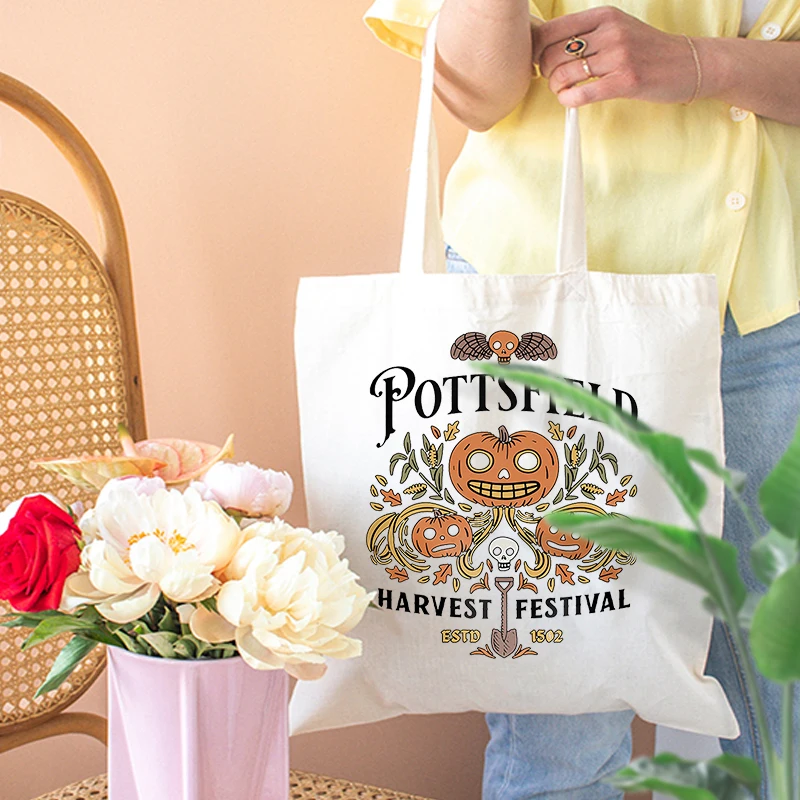 Pottsfield Harvest Festival Pattern Canvas Tote Bag Women Reusable Shopping Bag Funny Halloween Gift for Friends Sister Bestie