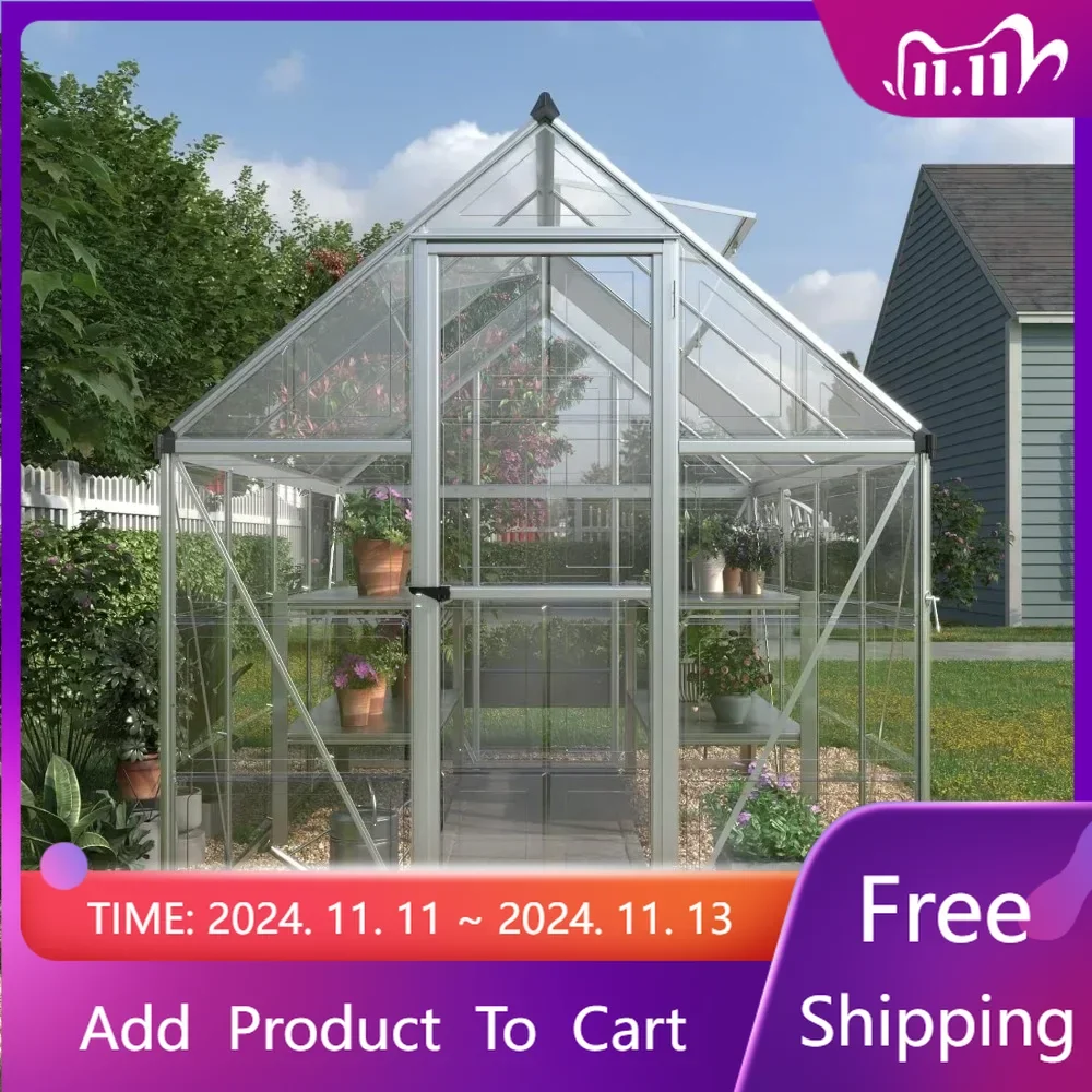 

6x8 FT Hybrid Polycarbonate Greenhouse 2 Vent Window with Lockable Hinged Door Walk-in Hobby Greenhouse Aluminum Hot House