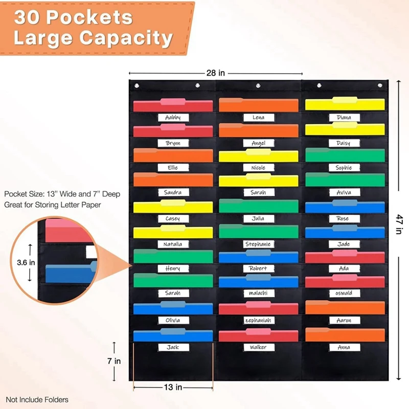 30 Pocket File Pocket Chart, 42Inch Wide X 47Inch Tall - Versatile Wall Hanging File Folder Organizer For Classroom