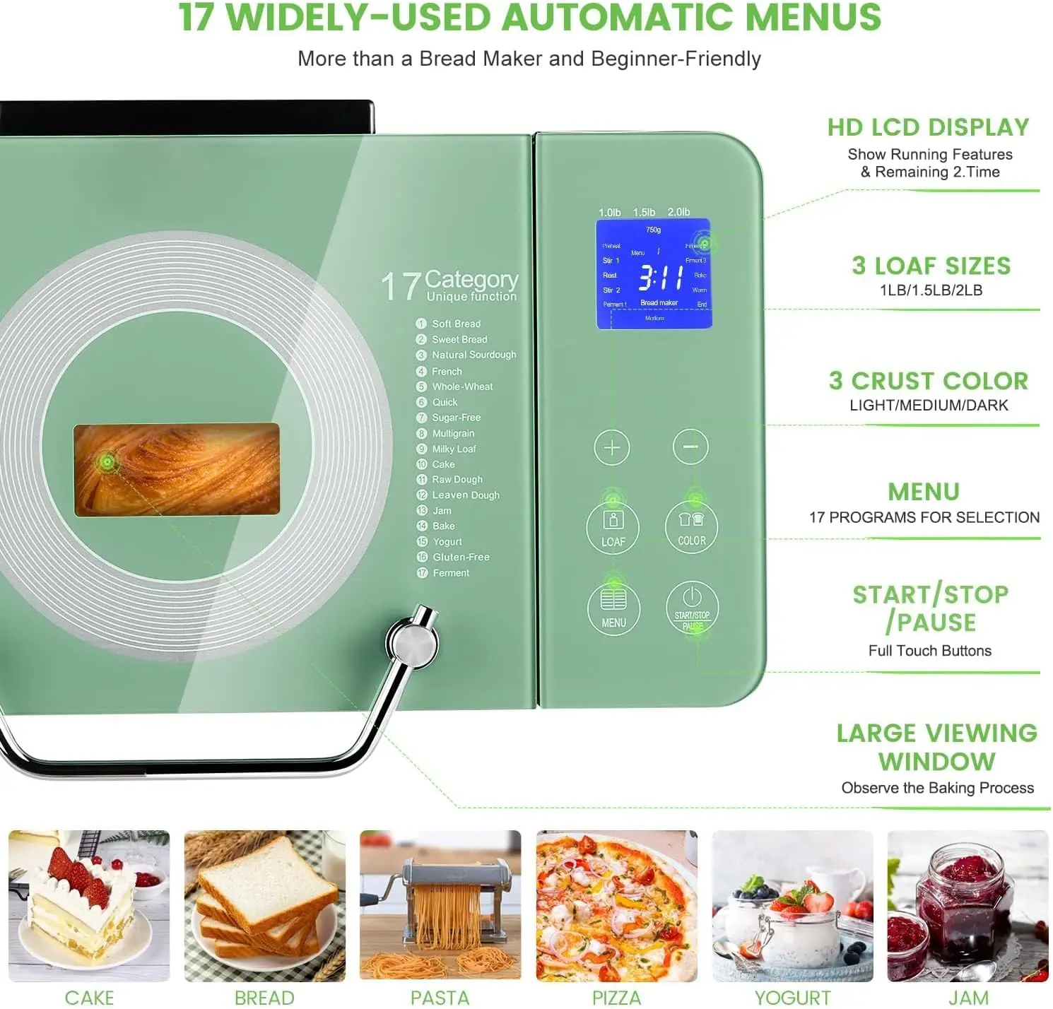 Macchina per il pane più grande con doppi riscaldatori, macchina per il pane 17 in 1 con padella in ceramica pressofusa e distributore automatico di frutta, macchia completa