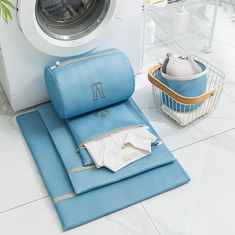 Blue Laundry Bag Embroidered Thicken Laundry Bags For Washing Machine Dirty Clothes Storage Basket Clothes Clean Protect Pouch