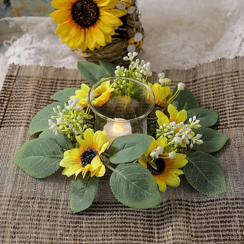 Artificial Sunflower Candle Rings Wreath Decorative Candle Holder for Dining Table Wedding Spring Summer Flower Rings view 4