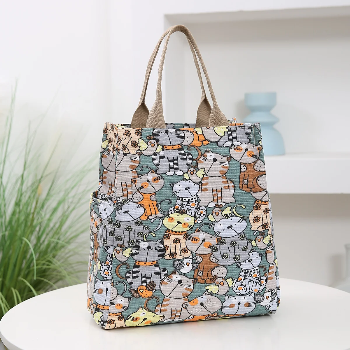 Cute Cartoon Print Lunch Bag, Portable Canvas Bento Bag, Women's Casual Handbag & Tote Purse For School, Office, Picnic