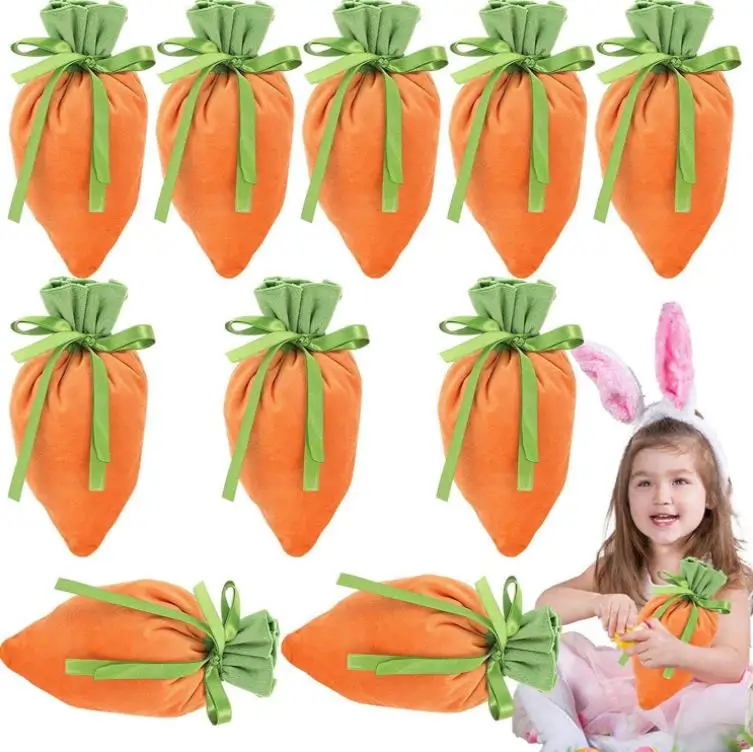 Easter Velvet Gift Bag Carrot Jewelry Basket Candy Bags With Drawstring For Party Decorations Biscuit Snack Storage Bag  SN4248