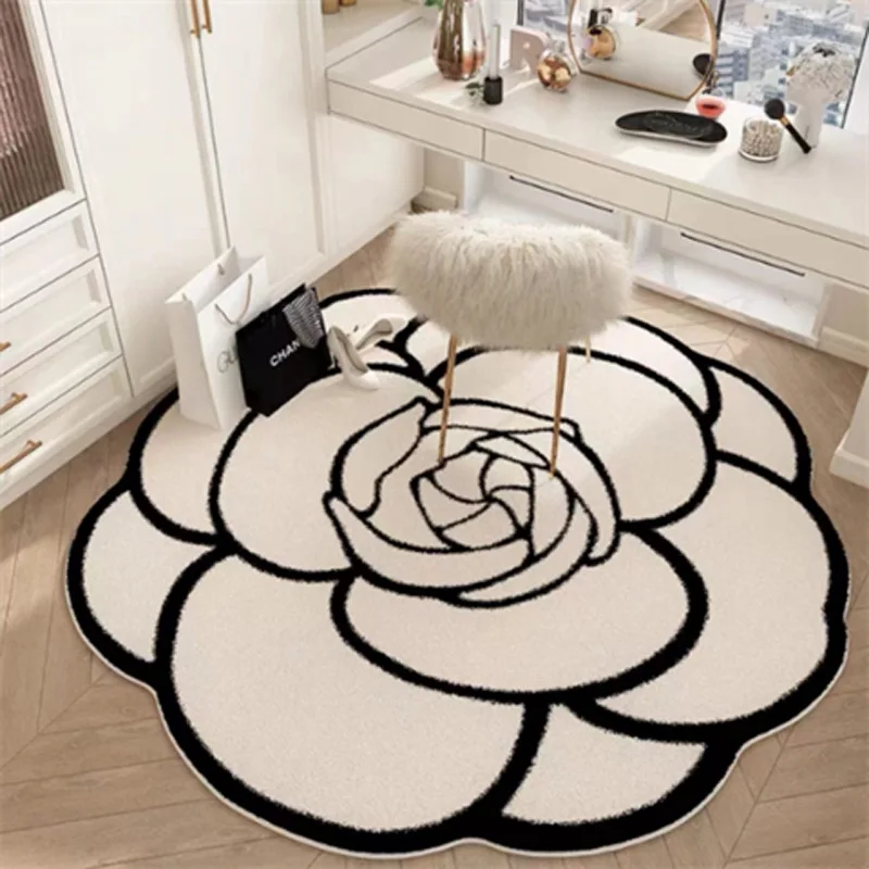 Nordic Rose Plush Round Carpet Luxury Camellia Irregular Rug Dressing Table Chair Floor Mat Girls Bedroom Cloakroom Home Decor